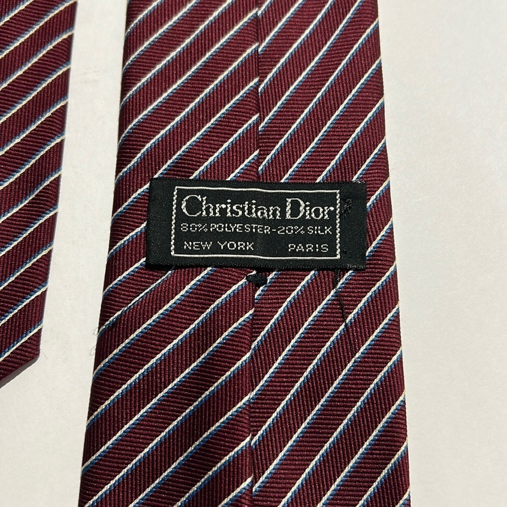 Christian Dior Burgundy, blue and White repp polyester/Silk Tie with Stripes - Picture 2 of 5
